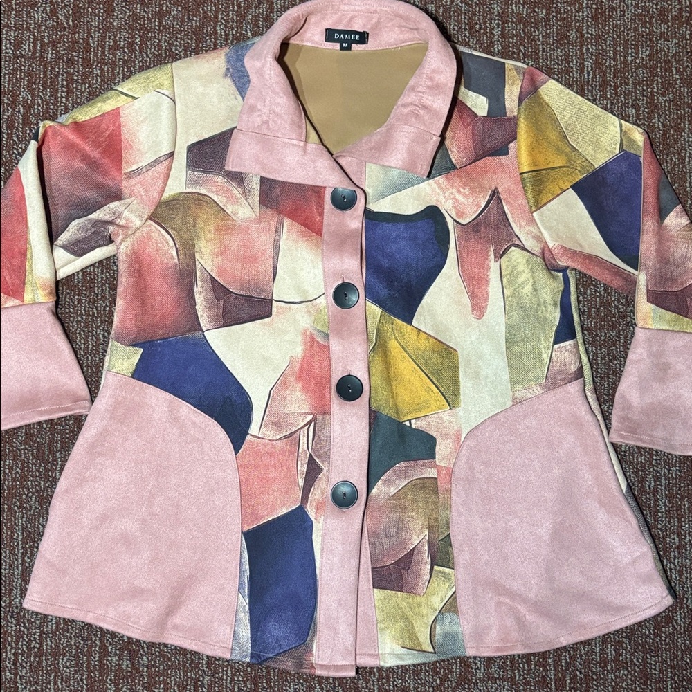 DAMEE jacket oil painting micro suede Abstract Button front colorful collared